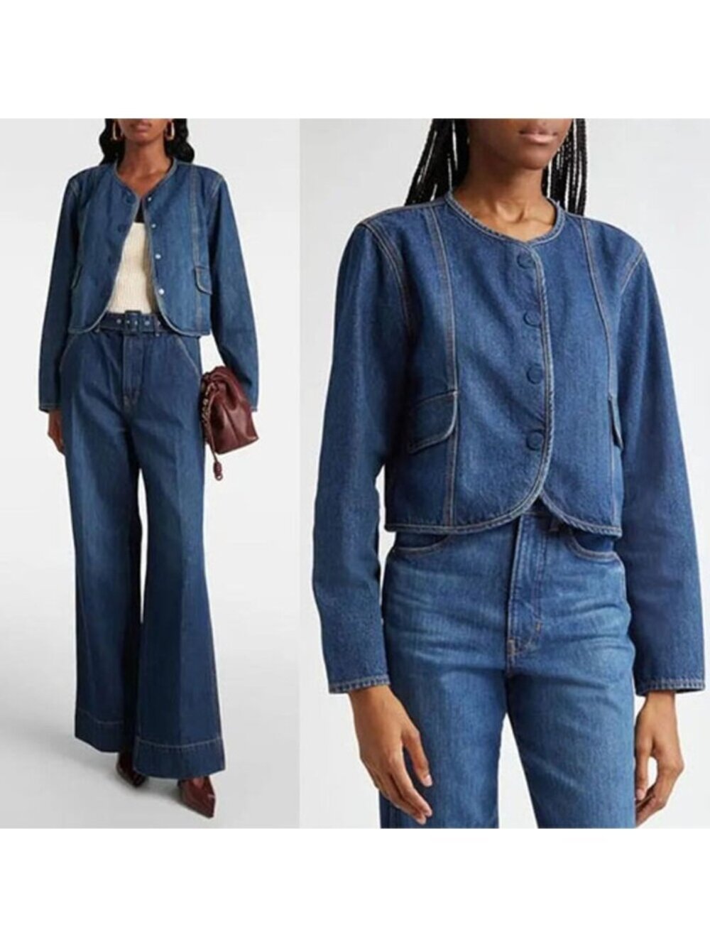 NEW Veronica Beard Cordell Collarless Cropped Denim Jacket Blue Size: Medium